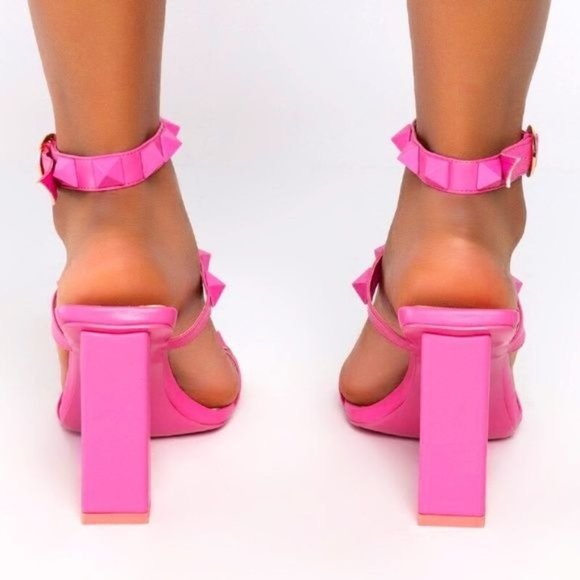 Stasia Barbie Rockstar: Pink Stud Ankle Strap Chunky Heel Sandal  8 8.5 - Picture 3 of 5